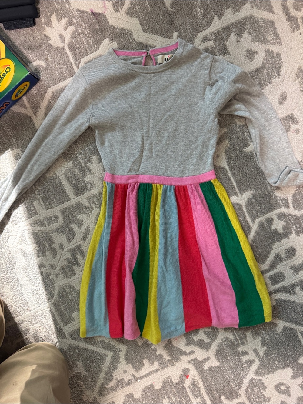 Mini Boden Grey Top Dress with Bright Rainbow Stripe Skirt